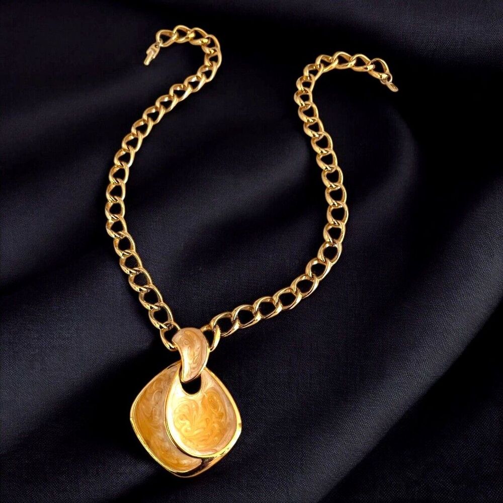 Vintage 1980s Napier Pendant Necklace Swirled Enamel Gold Tone Statement - 9E